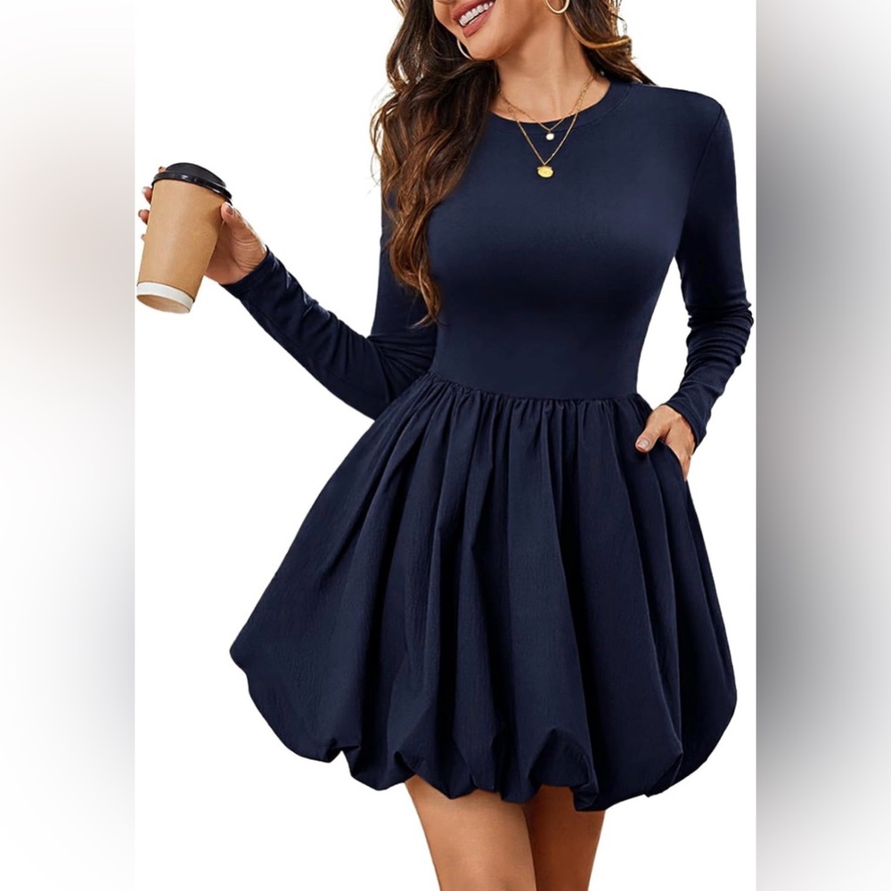 Boutique Long Sleeve Bubble Dress in Navy Size Large